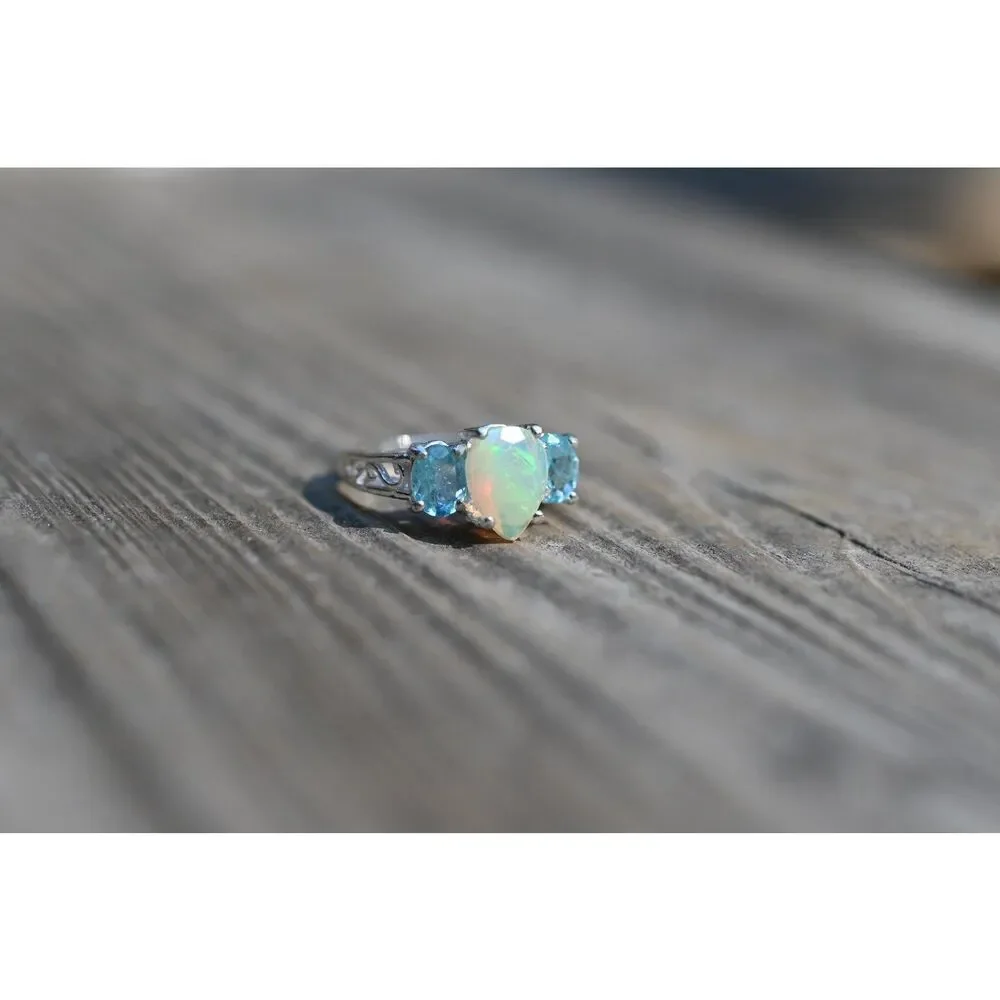 Ethiopian Opal and Apatite Ring Sterling Silver Oval Opal Engagement Ring